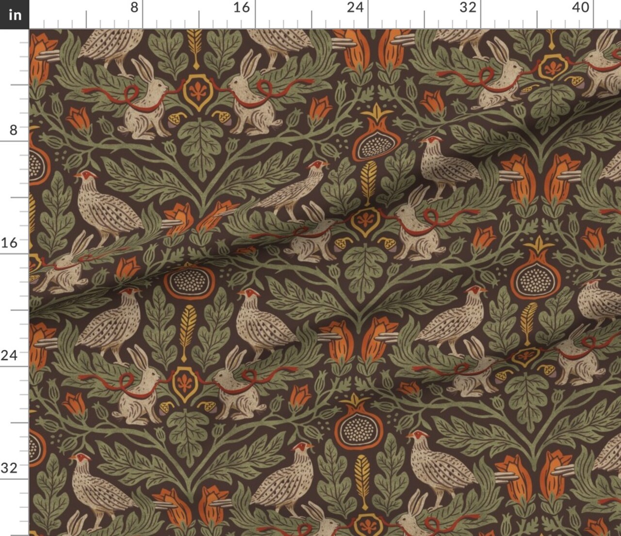 Whimsical Rustic Pheasants Rabbits Floral Botanical Oak Leaves Storybook Farmhouse Woodland Fairytale Heritage Flowers Ribbon Leaves Brown Custom Printed Fabric by Spoonflower Various Fabrics by the Yard or Fat Quarter